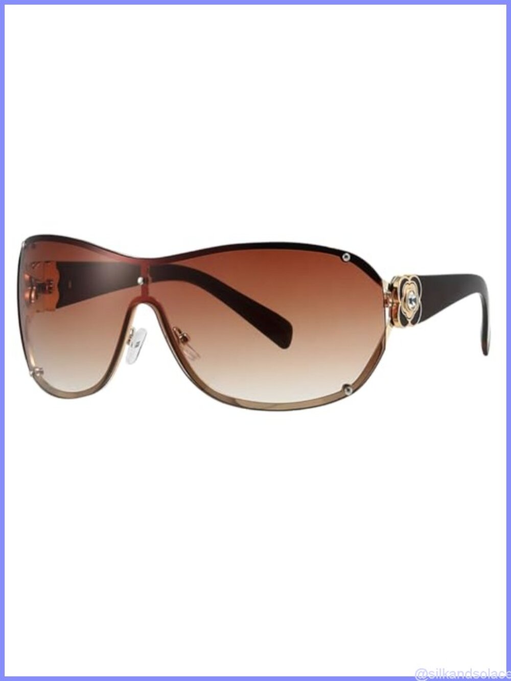 Oversized Shield Sunglasses Camellia Rhinestone Accents 100% UV400